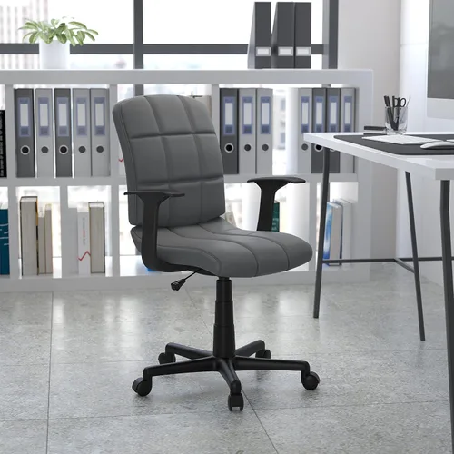 Miniatura 2 de Flash Furniture Clayton - Silla giratoria de respaldo medio con brazos, tapicería de vinilo gris, respaldo copetudo y giro de 360°