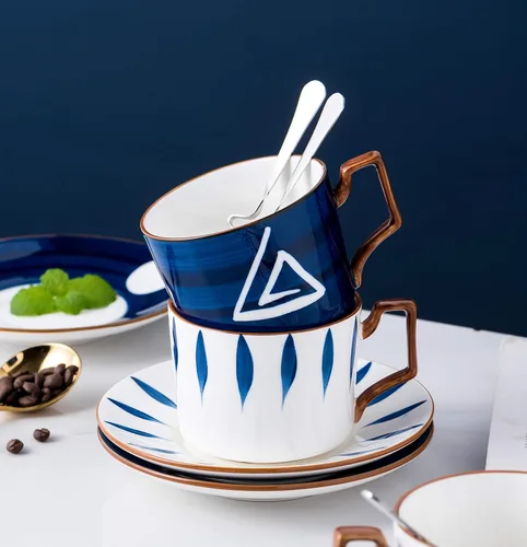 Miniatura 7 de Jusalpha Estilo japonés impreso a mano - Taza de té de porcelana fina de 7 onzas/taza de café con cuchara y bandeja/platillo, vajilla, porción de 4