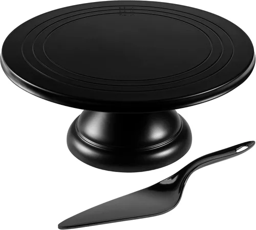 ECOWAY Soporte de fibra de bambú para tartas de 12 pulgadas con espátula para pasteles, soporte redondo negro para cupcakes, soporte grande para