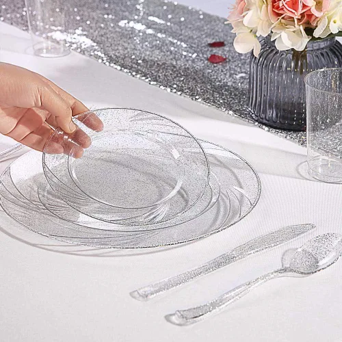 Miniatura 2 de WDF 150 platos de plástico plateados desechables – Las decoraciones de fiesta Winter Wonderland incluyen 50 platos de cena y ensalada, 25 tenedores