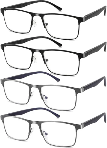 Paquete de 4 lentes de lectura para hombre, bloqueo de luz azul, bisagra de resorte, elegantes lectores de marco completo de metal para hombres con