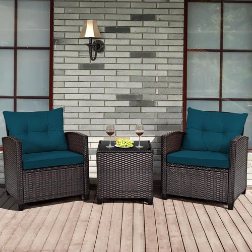 Miniatura 7 de RELAX4LIFE Juego de muebles de patio de 3 piezas, juego de conversación de mimbre con 2 sillones acolchados y mesa con tapa de cristal, juego