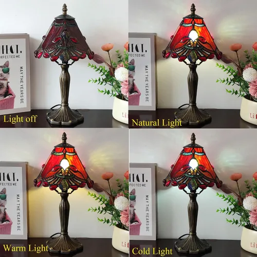 Miniatura 2 de Tiffany - Lámpara de mesa con perlas rojas, estilo barroco, vitral, luz de escritorio, pequeña lámpara de noche estilo Tiffany con bombilla LED