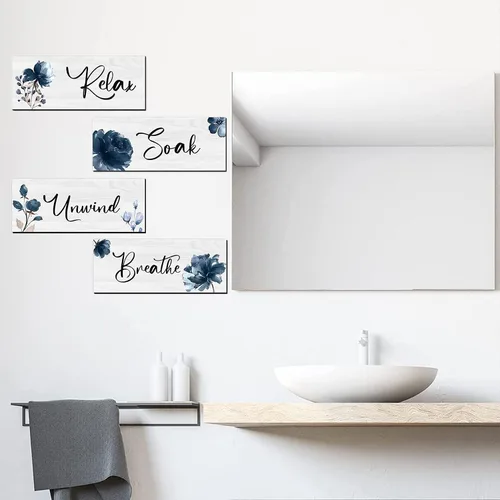 Miniatura 3 de 4 piezas de placa de pared grande para baño, decoración de pared de madera para baño, lavandería, baño, letrero colgante para el hogar, spa, Azul