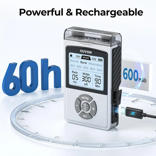 Miniatura 13 de AUVON - Unidad TENS Digital Recargable, Estimulador Muscular con Batería de 600 mAh, Máquina TENS con 8 Modos Personalizables, Masajeador Eléctrico