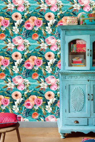 Miniatura 4 de HAOKHOME Papel tapiz floral para despegar y pegar, verde azulado/rosa, extraíble, texturizado, para decoración de dormitorio, guardería, 17.7