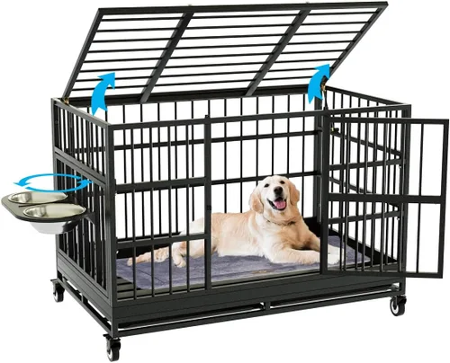 Miniatura 9 de Snuowu Jaula para perros de alta resistencia de 42 pulgadas con ruedas, jaula indestructible a prueba de escapes para perros grandes, extragrande