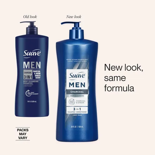 Miniatura 4 de Suave Men Champú 3 en 1 de limpieza profunda, acondicionador y gel de baño con polvo de carbón, desintoxica y limpia el cabello y la piel, elimina