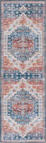 Miniatura 3 de SAFAVIEH Alfombra lavable Tucson Collection - 2 pies 6 pulgadas x 4 pies, azul y al óxido, antideslizante y fácil de limpiar, ideal para sala