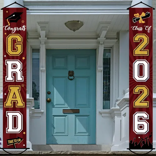 Miniatura 13 de Cartel de graduación 2026, decoraciones de graduación negro y dorado, letrero de porche de clase de 2026, decoración de puerta de felicitaciones
