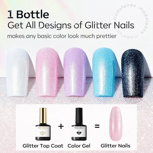 Miniatura 3 de Modelones Esmalte de uñas en gel con purpurina, acabado brillante ultra fino blanco con aurora, purpurina transparente, acabado brillante con A1
