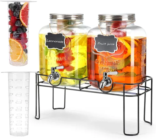 Dispensador de bebidas de vidrio de 1.6 galones, 2 piezas dispensador de bebidas con soporte, dispensador de limonada con grifo de acero inoxidable,
