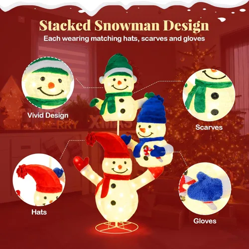 Miniatura 5 de Tangkula Muñeco de nieve de 5 pies iluminado para Navidad, decoración de 3 muñecos de nieve apilados, muñeco de nieve 3D iluminado con estacas