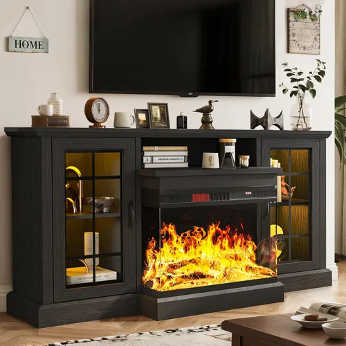 Miniatura 8 de MXV - Soporte de chimenea para TV de 59 pulgadas, centro de entretenimiento estilo granja con soporte de TV de 3 lados de vidrio, consola multimedia