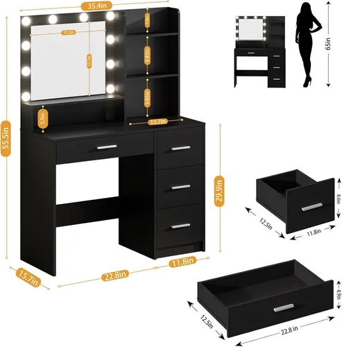 Miniatura 2 de Escritorio de tocador con espejo iluminado, tocador negro con 4 cajones, tocador de maquillaje con estantes de almacenamiento y toma de corriente