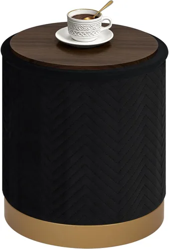 B FSOBEIIALEO Otomana con estraje, otomana redonda de terciopelo con base chapada en oro, taburete reposapiés para dormitorio, sala de estar, negro,