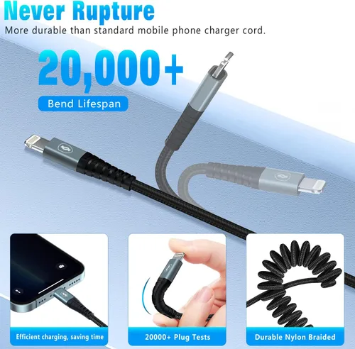 Miniatura 5 de JUKEKUL Cable Lightning en espiral de 3 pies de nailon trenzado, cargador de iPhone de carga rápida para automóvil [certificado Apple MFi], Gris