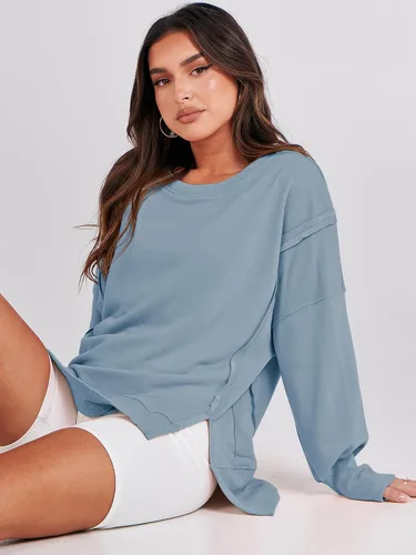 Miniatura 9 de ANRABESS Sudadera de gran tamaño para mujer, cuello redondo, manga larga, casual, con abertura, para otoño de 2024, ropa de preparación