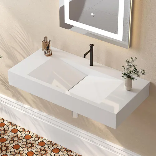 Miniatura 8 de Lavabo de Recipiente de 35'' Montaje en Pared Lavabo de Baño Lavabo Flotante en Forma de V Resina de Piedra en Blanco Mate En forma de V - Blanco
