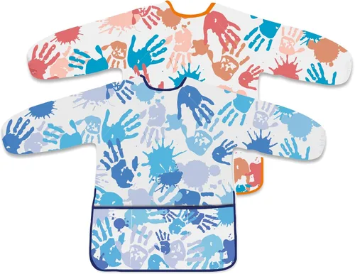 Miniatura 8 de 2 piezas de delantal de arte para niños, delantal de pintura para niños pequeños de manga larga con 3 bolsillos para actividades de pintura