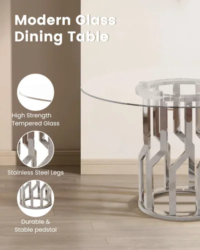 Miniatura 6 de 47.2" Round Glass Dining Table for 4-6, Round Glass Kitchen Table with Steel Legs, Modern Dining Table for Dining Room, Kitchen, Home, Cafe