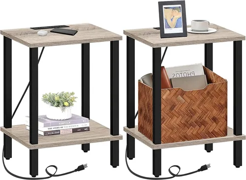 Miniatura 25 de TUTOTAK Mesa auxiliar con estación de carga, pequeña mesa auxiliar con tomas de corriente, mesita de noche, mesa de cabecera, estante de Gris beige