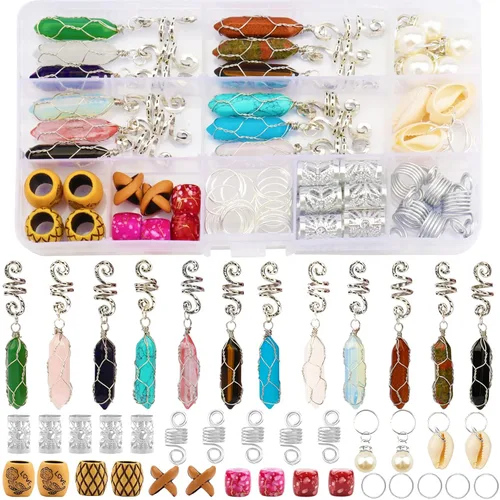 Messen 69 piezas de joyería de rastas, trenzas envueltas en alambre de cristal hechas a mano, accesorios para el cabello, cuentas de madera de