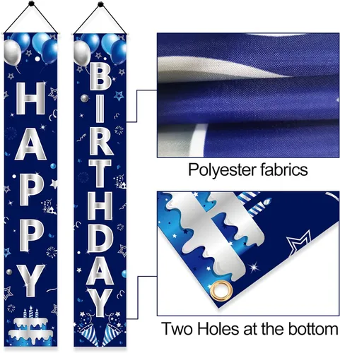 Miniatura 3 de Turypaty Cartel de feliz cumpleaños azul plateado para hombres y niños, cartel de feliz cumpleaños, porche, suministros de fiesta, decoración