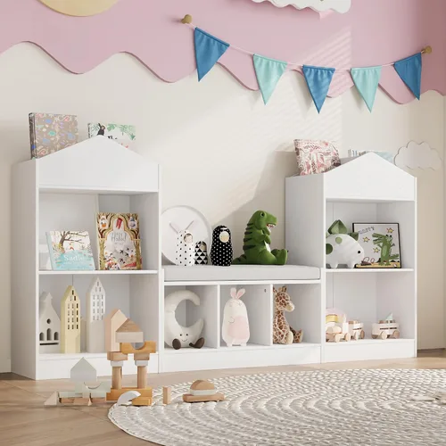 Miniatura 3 de MHOM Estantería infantil de 68.9 pulgadas con rincón de lectura, organizador de almacenamiento de juguetes con cojín de asiento y 7 cubos de Blanco