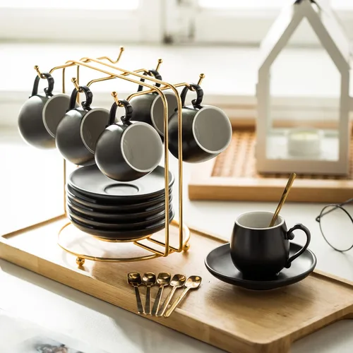 Miniatura 8 de LYEOBOH Juego de tazas de café expreso y platillos, taza de café de cerámica de 3 onzas, pequeñas tazas demitasses, tazas de café expreso con Negro