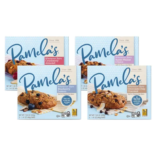 Pamela's - Barras Whenever sin gluten, almendra de arándano, especias de nuez pasa, limón arándano y coco con chispas de chocolate, 7.05 onzas