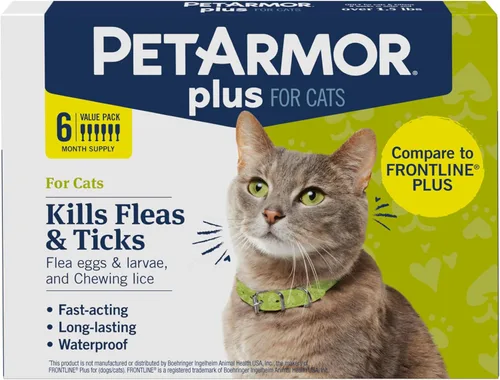 PetArmor Plus tratamiento anti pulgas y garrapatas para gatos de más de 1.5 libras, tratamiento para pulgas y garrapatas de gato, 6 dosis, tópico