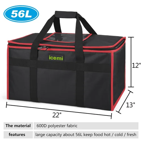 Miniatura 2 de Bolsa para entrega de alimentos, 56L, negro oscuro, formal, unisex, cierre de cremallera, correa para el hombro, sin ruedas, patrón sólido, 13x13x12