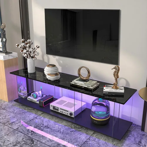 Miniatura 3 de Soporte de TV LED, mueble de consola de madera con patrón de mármol de imitación de escritorio y luces LED, centro de entretenimiento moderno