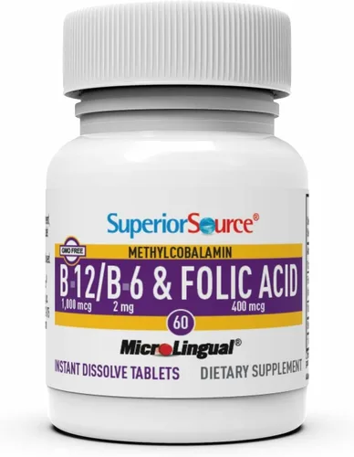 Miniatura 4 de Superior Source No Shot Vitamina B12 Metilcobalamina (1000 mcg), B6, ácido fólico, tabletas microlingües de disolución rápida, 60 unidades, aumenta