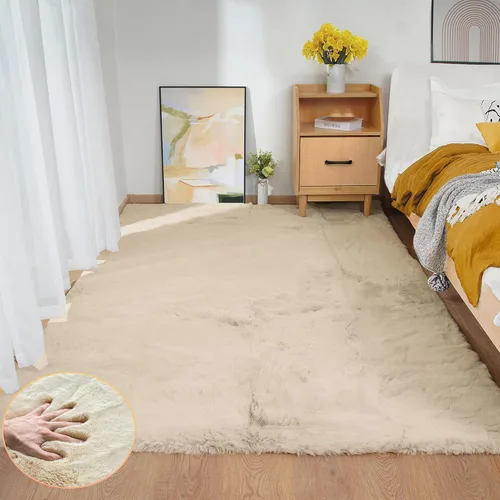 Miniatura 34 de ORINOVA Alfombra de felpa marrón claro beige de 8 x 10 pies para sala de estar, alfombra bohemia esponjosa de piel de conejo grande para dormitorio