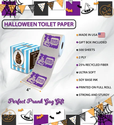 Miniatura 3 de Impreso Halloween TP Beware: Papel higiénico embrujado aterrador rollo de papel higiénico para decoración de fiesta espeluznante 500 hojas Cuidado
