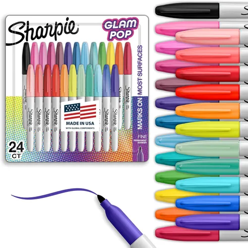 Sharpie Glam Pop - Juego de marcadores permanentes de punta fina, marcadores para colorear, arte, dibujo y escritura, colores surtidos, 24 unidades