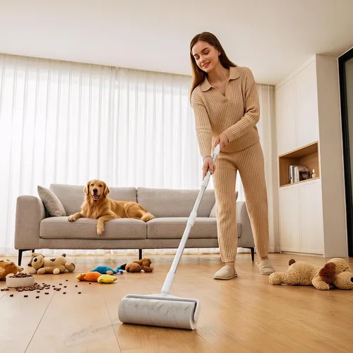 Miniatura 7 de Rodillo de pelusa grande con mango largo extensible, rodillo adhesivo extra ancho de 9.45 pulgadas, 400 hojas con 3 repuestos, removedor de pelo
