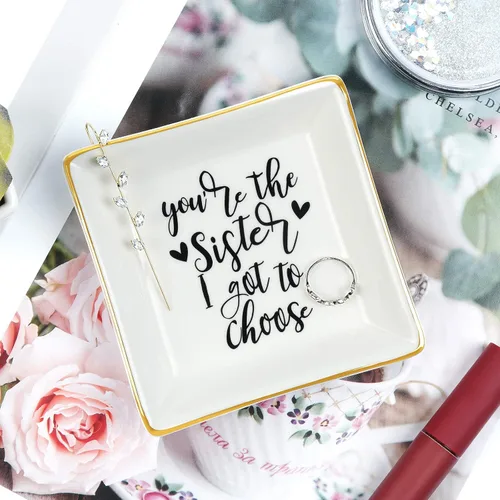 Miniatura 3 de Regalos para la mejor hermana para mujeres, plato de cerámica para anillos con texto en inglés "You Are the Sister I Got to Choice", bandeja