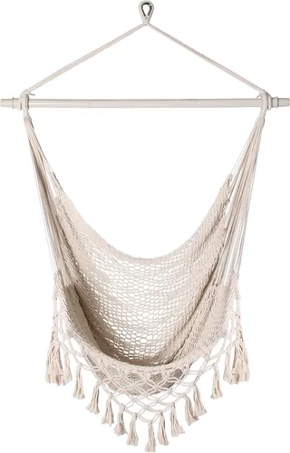 Miniatura 8 de Bathonly Silla hamaca de cuerda de algodón tejida a mano con barra separadora de metal, hamaca caribeña, silla colgante bohemia para dormitorio