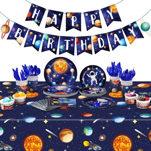 Suministros para fiesta de cumpleaños del espacio exterior, juego de vajilla para fiesta espacial, sirve para 24, pancarta de feliz cumpleaños,