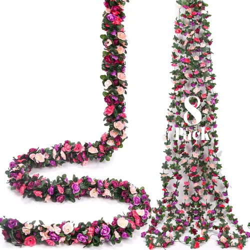 Miniatura 10 de Miracliy 8 guirnaldas de flores rojas de 66 pies, rosas artificiales de color naranja, guirnalda de flores falsas de primavera para telón de fondo