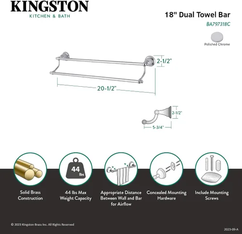 Miniatura 7 de Kingston Brass BA797318C - Toallero doble inglés vintage de 18 pulgadas, cromo pulido