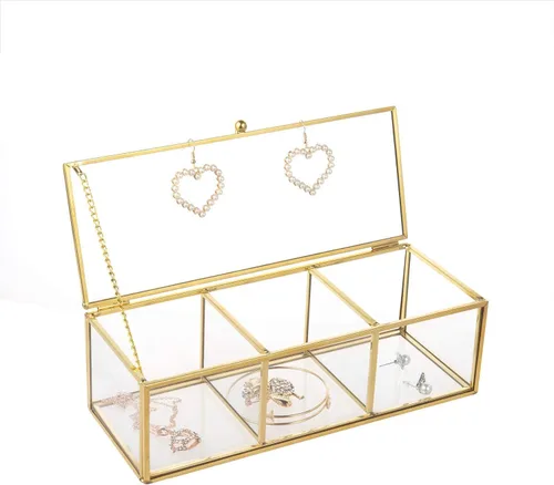 Miniatura 5 de Feyarl Caja de té de vidrio dorado, organizador de exhibición de concha de mar, cosméticos, encimera, caja de frascos, almacenamiento de joyas