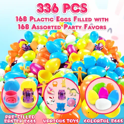 Miniatura 5 de LINAYE 336 huevos de Pascua precargados a granel con juguetes en el interior, 168 paquetes de huevos rellenos con 168 recuerdos de fiesta