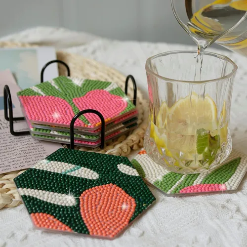 Miniatura 7 de Temlum 6 Piezas de Posavasos de Pintura de Diamantes con Soporte, Posavasos de Arte de Diamantes con Flores, Kits Pequeños de Pintura de Diamantes