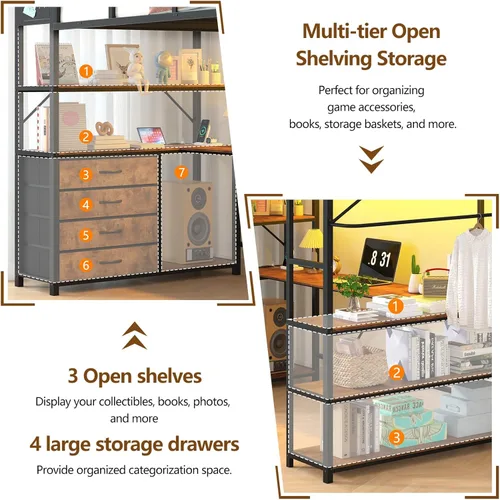 Miniatura 5 de Cama elevada de tamaño individual con almacenamiento y cabecero tapizado, estructura de cama elevada de metal con escritorio en forma de U y luces
