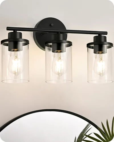 Miniatura 9 de EDISHINE Lámparas de baño, 3 luces de tocador de baño sobre el espejo, lámpara moderna de pared de baño con pantalla de vidrio transparente