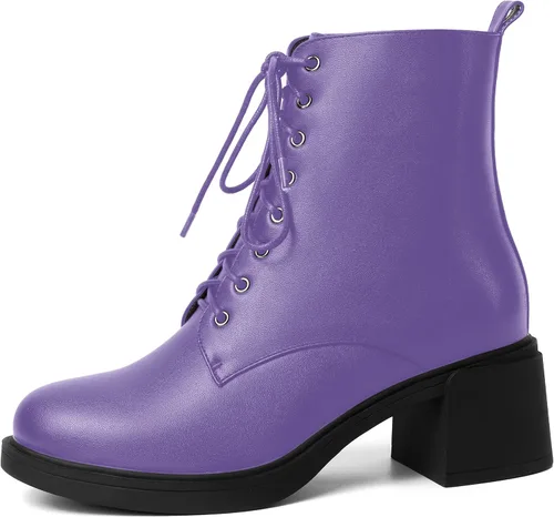 Miniatura 23 de ROSERWISH Botas altas de tacón bajo y grueso para mujer, con cordones, cómodas, modernas, con puntera redonda, de 2.5 pulgadas